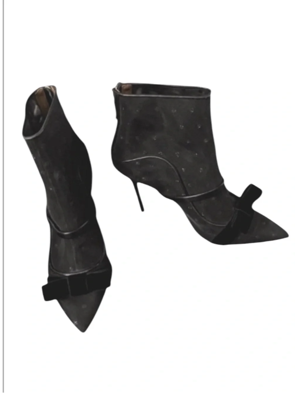 Malone Souliers Claudia Ray Luwolt Italy Mesh Velvet Bow Pointy Toe Ankle Boots